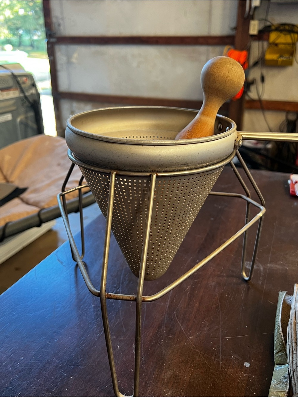 Source Unknown Metal Cone Strainer with Stand and Wooden Pestle - Gray